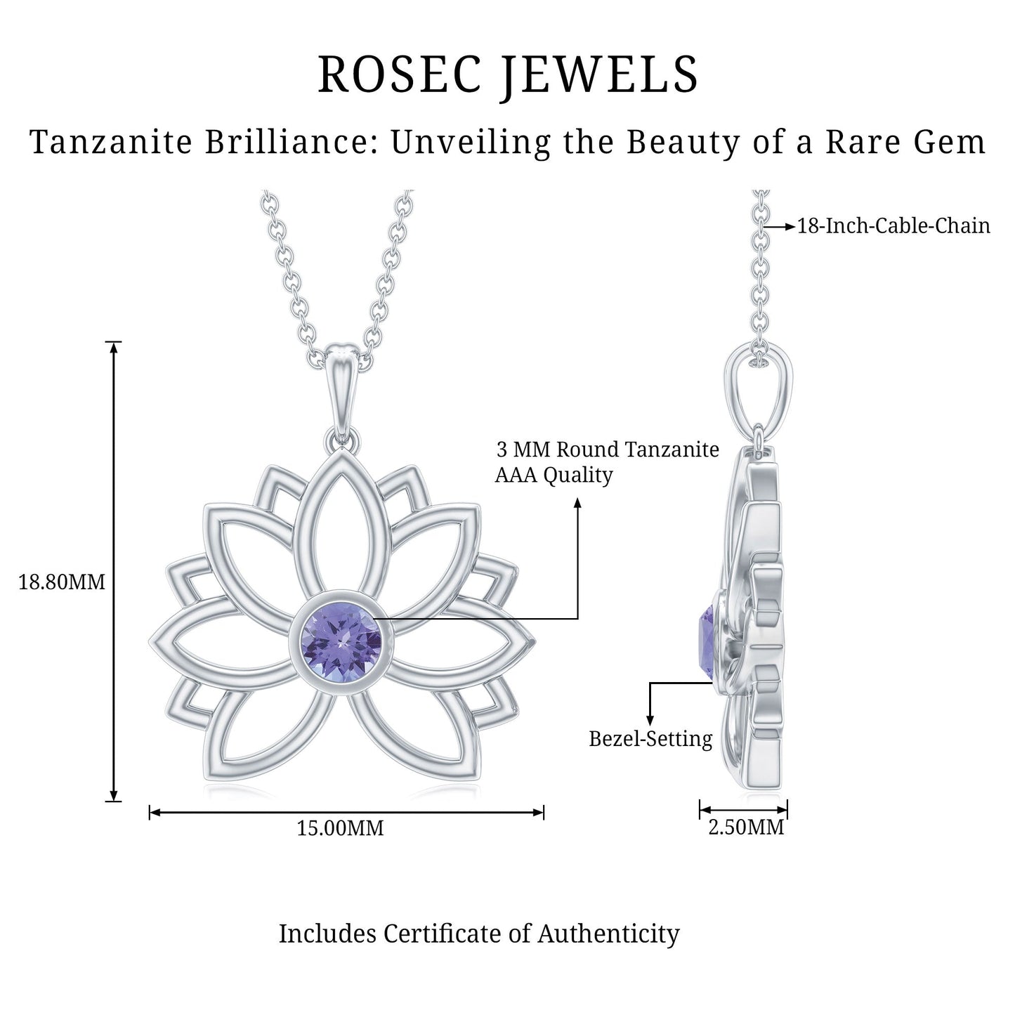 Bezel Set Tanzanite Lotus Flower Pendant Necklace