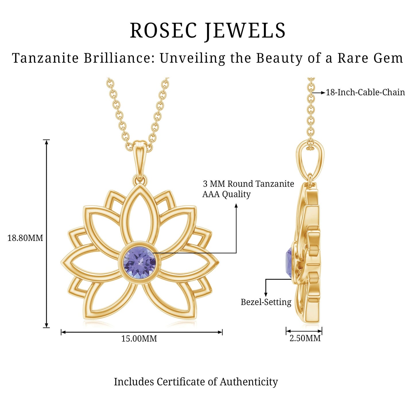 Bezel Set Tanzanite Lotus Flower Pendant Necklace