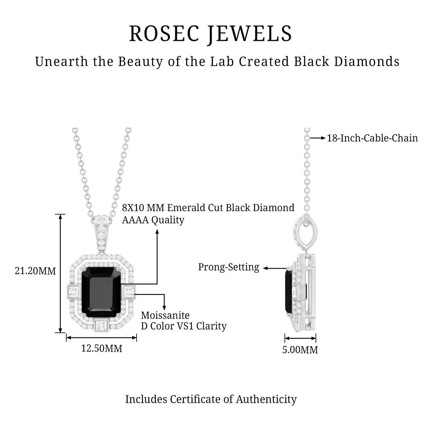 Vintage Inspired 3.4 Carat Emerald Cut Synthetic Black Diamond Pendant Necklace