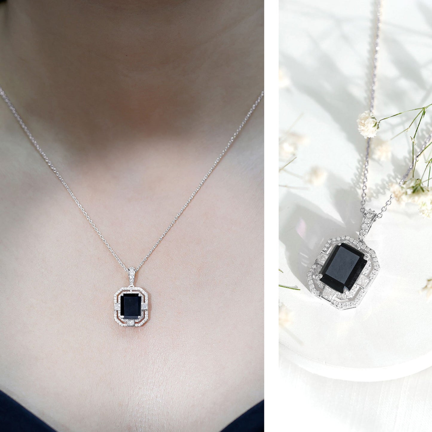 Vintage Inspired 3.4 Carat Emerald Cut Synthetic Black Diamond Pendant Necklace