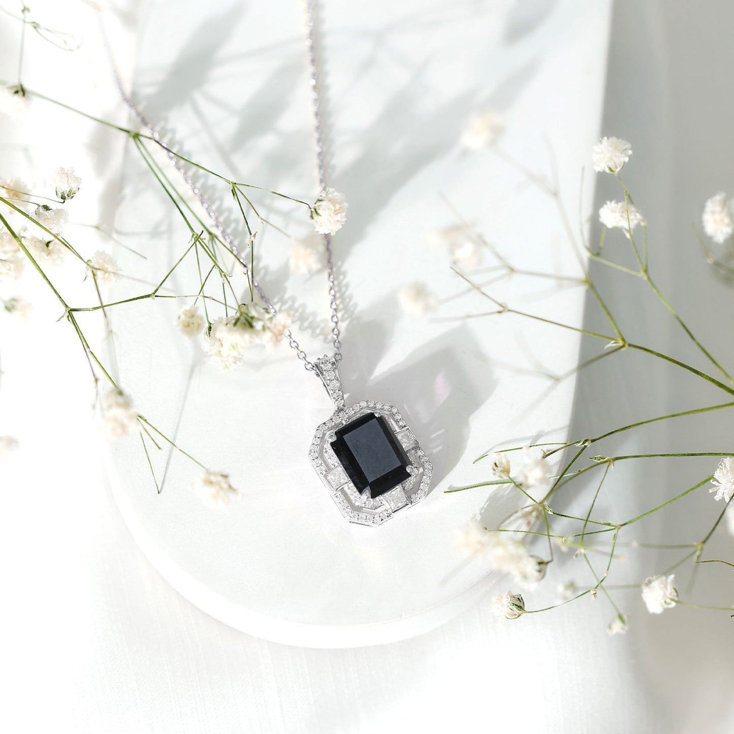 Vintage Inspired 3.4 Carat Emerald Cut Synthetic Black Diamond Pendant Necklace
