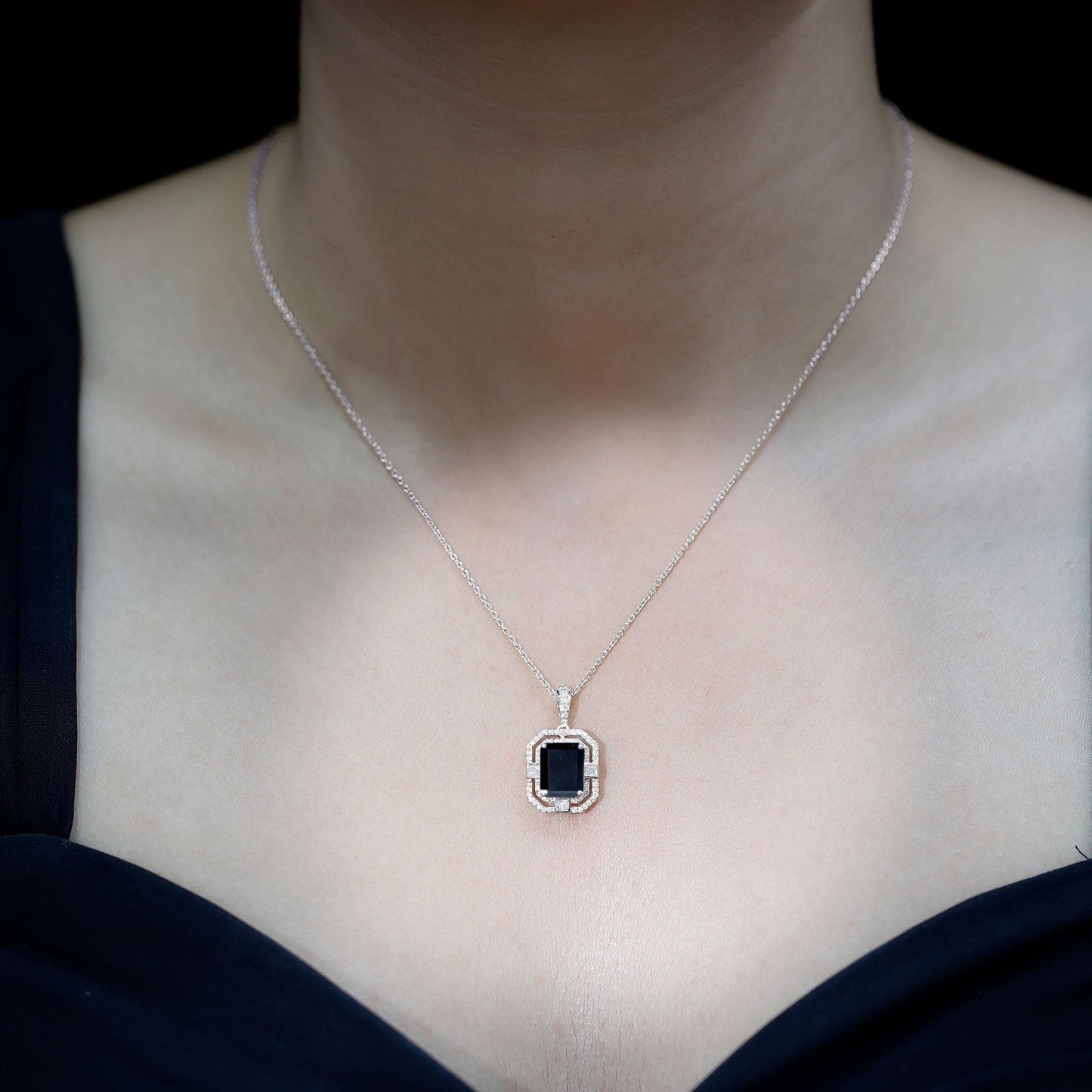 Vintage Inspired 3.4 Carat Emerald Cut Synthetic Black Diamond Pendant Necklace