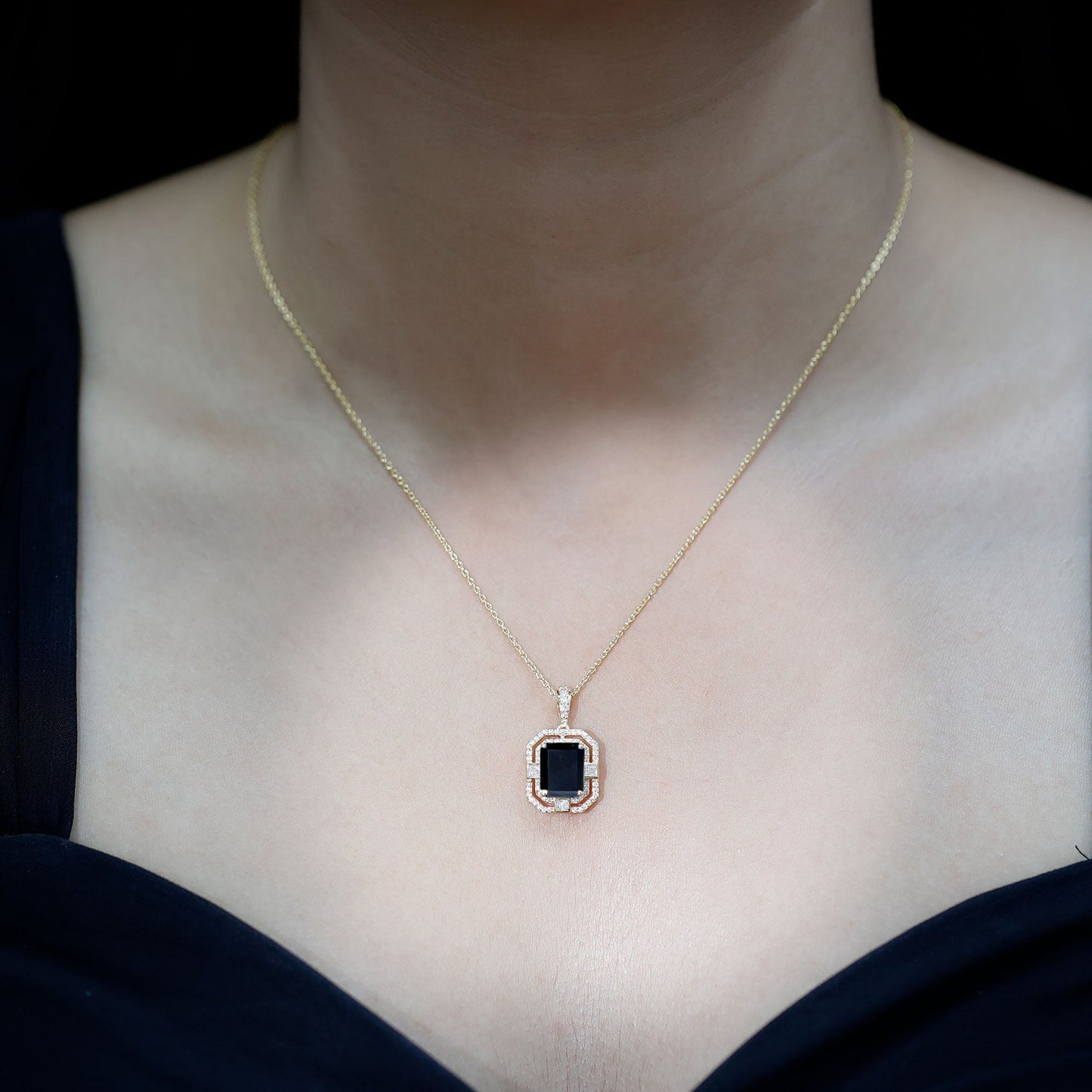 Vintage Inspired 3.4 Carat Emerald Cut Synthetic Black Diamond Pendant Necklace