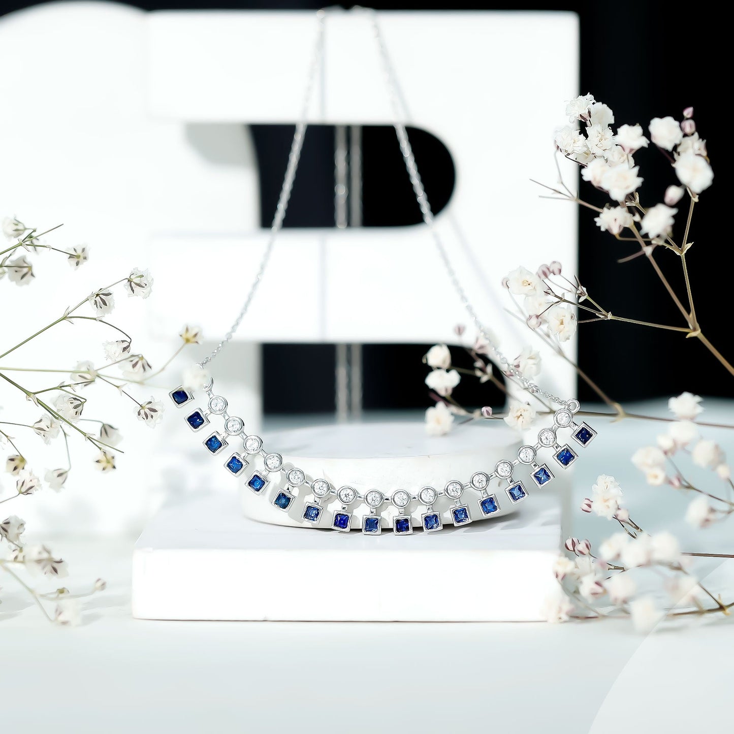 Princess Cut Lab Grown Blue Sapphire Statement Necklace With Certificate