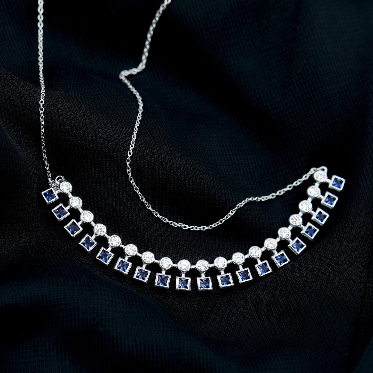 Princess Cut Lab Grown Blue Sapphire Statement Necklace With Certificate