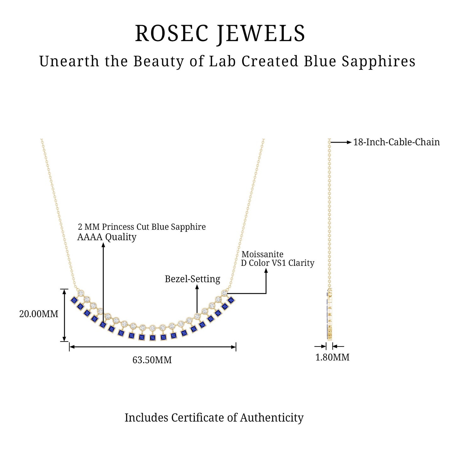 Princess Cut Lab Grown Blue Sapphire Statement Necklace With Certificate