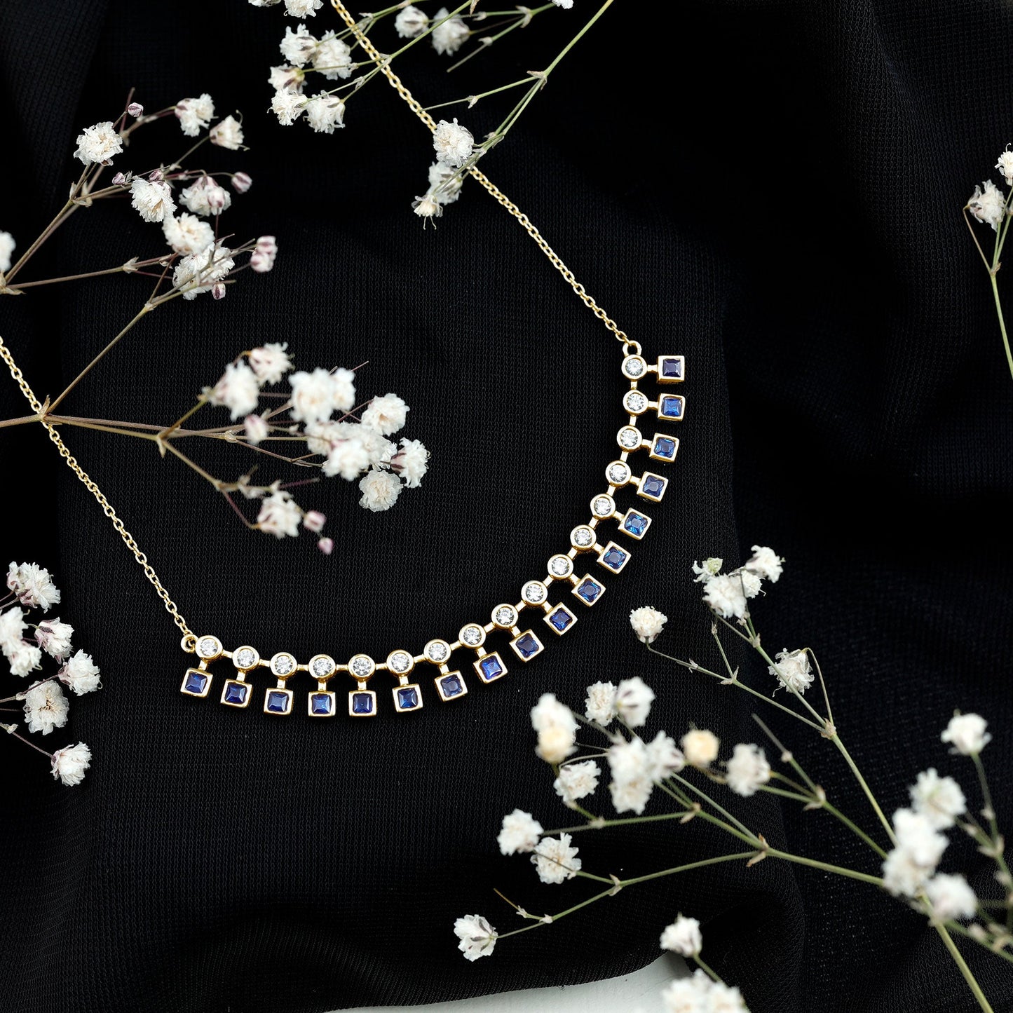 Princess Cut Lab Grown Blue Sapphire Statement Necklace With Certificate