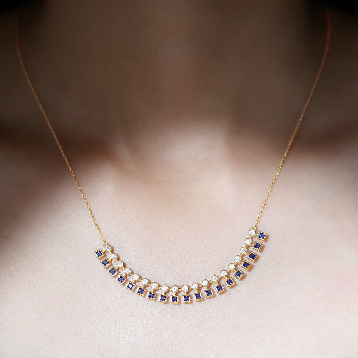 Princess Cut Lab Grown Blue Sapphire Statement Necklace With Certificate