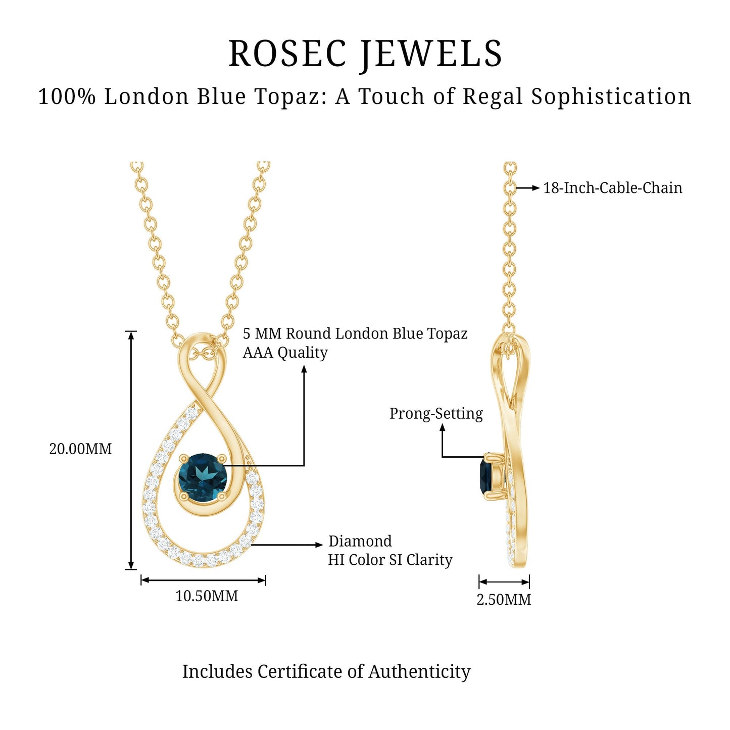 Real London Blue Topaz Infinity Necklace with Diamond