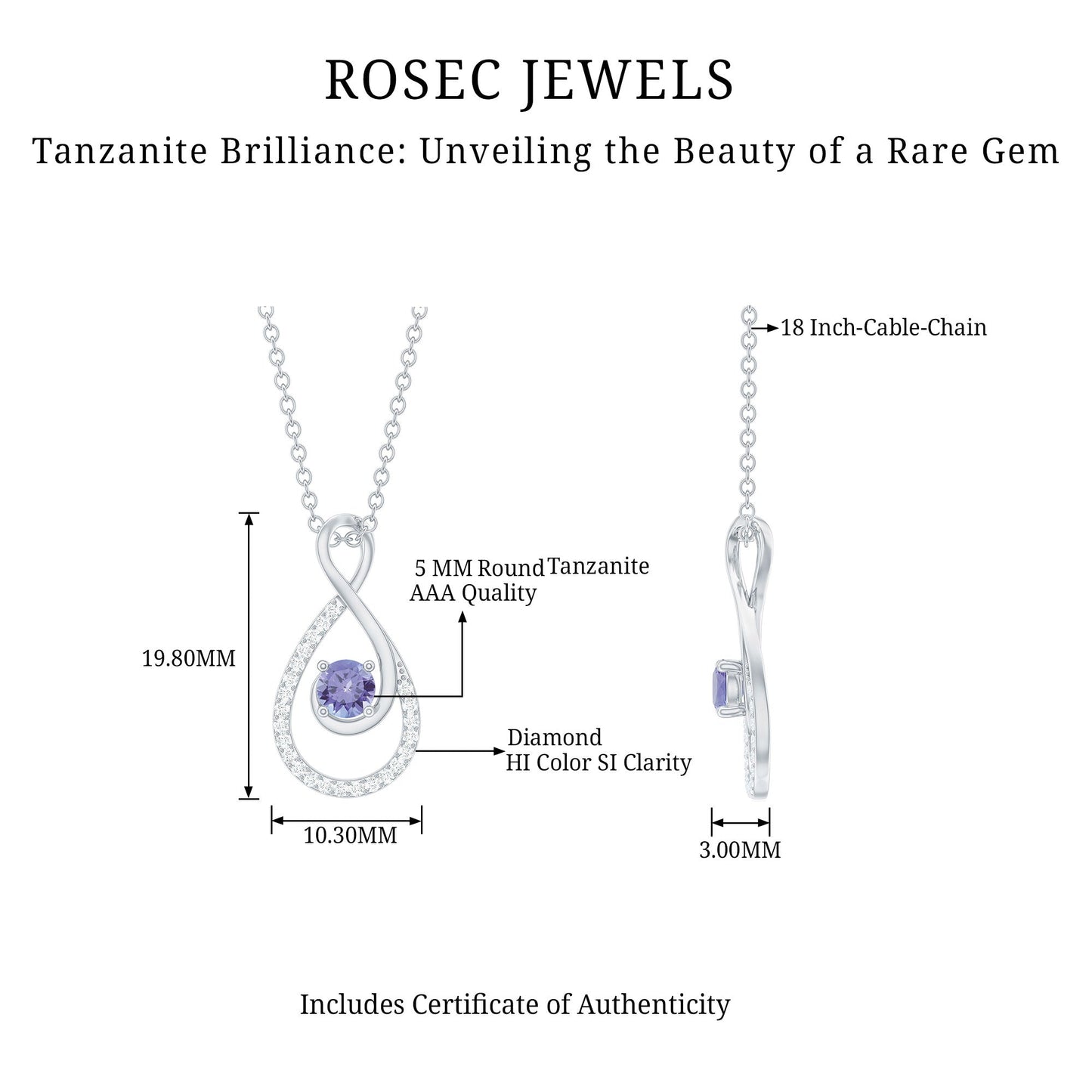 Genuine Tanzanite and Diamond Infinity Pendant Necklace With Chain