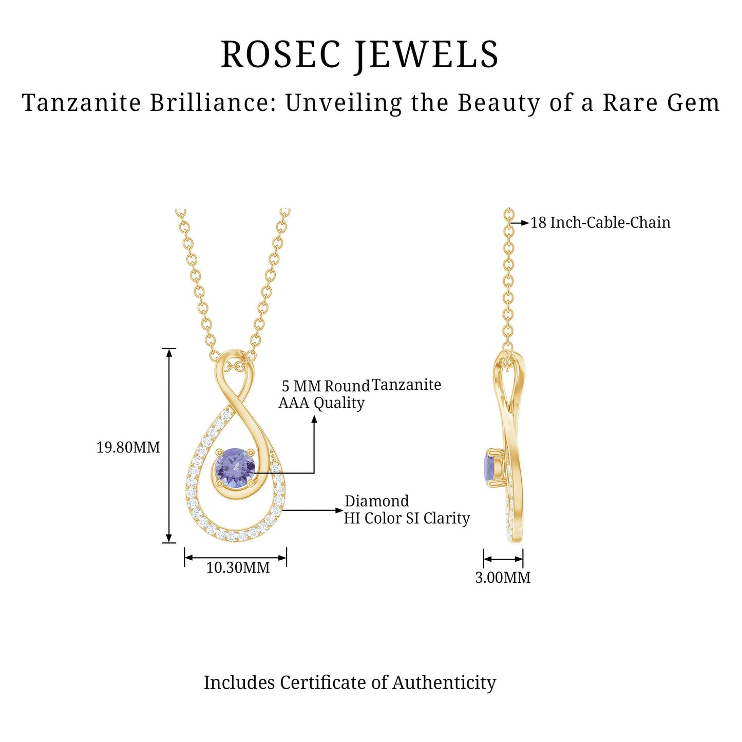 Genuine Tanzanite and Diamond Infinity Pendant Necklace With Chain
