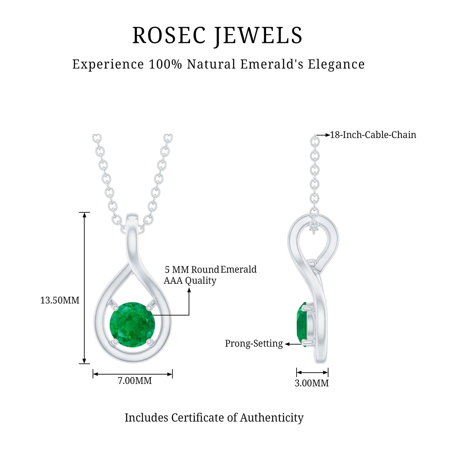Genuine 5MM Round Cut Emerald Solitaire Teardrop Necklace With Chain