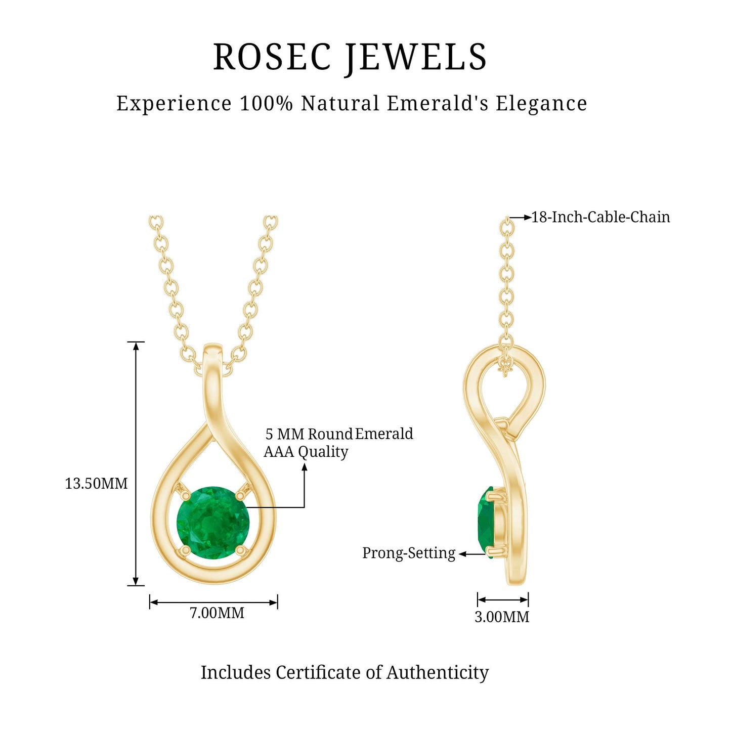 Genuine 5MM Round Cut Emerald Solitaire Teardrop Necklace With Chain