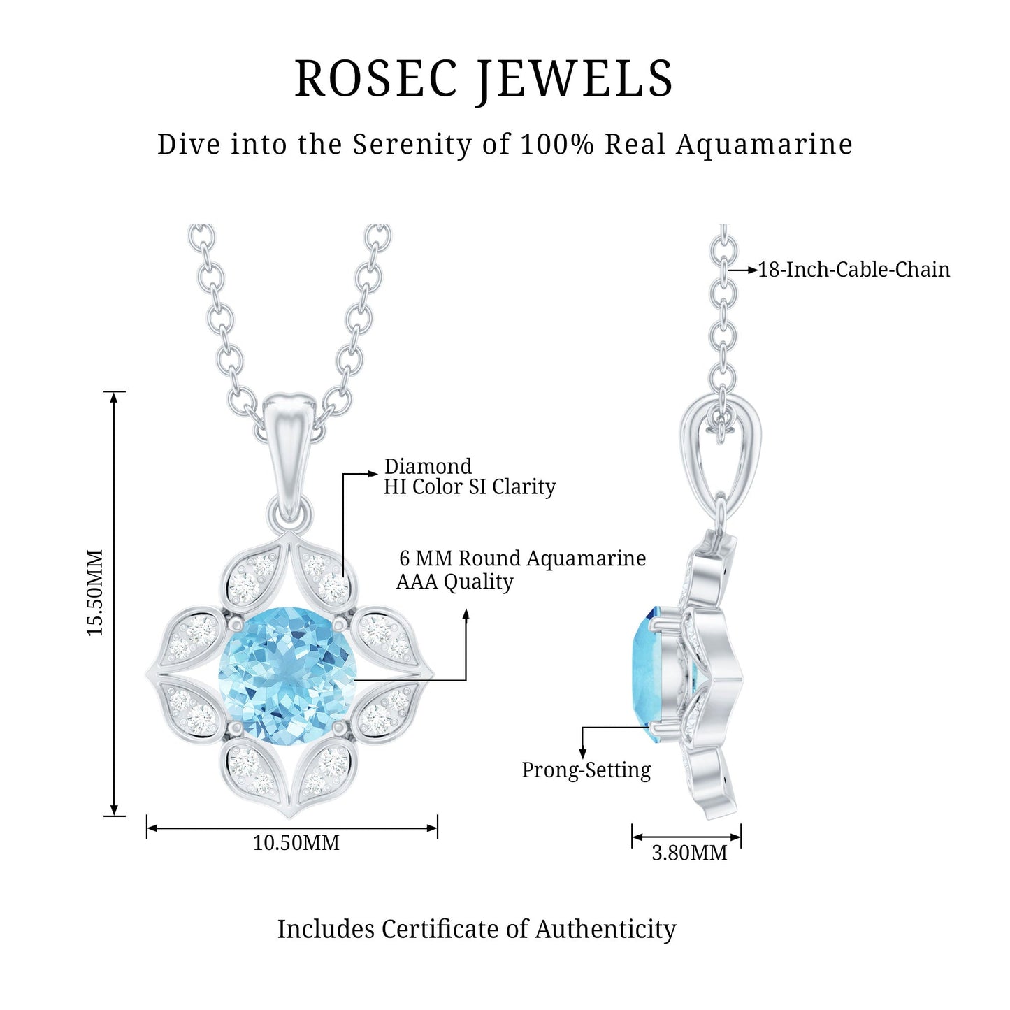 Natural Aquamarine Flower Pendant Necklace with Diamond