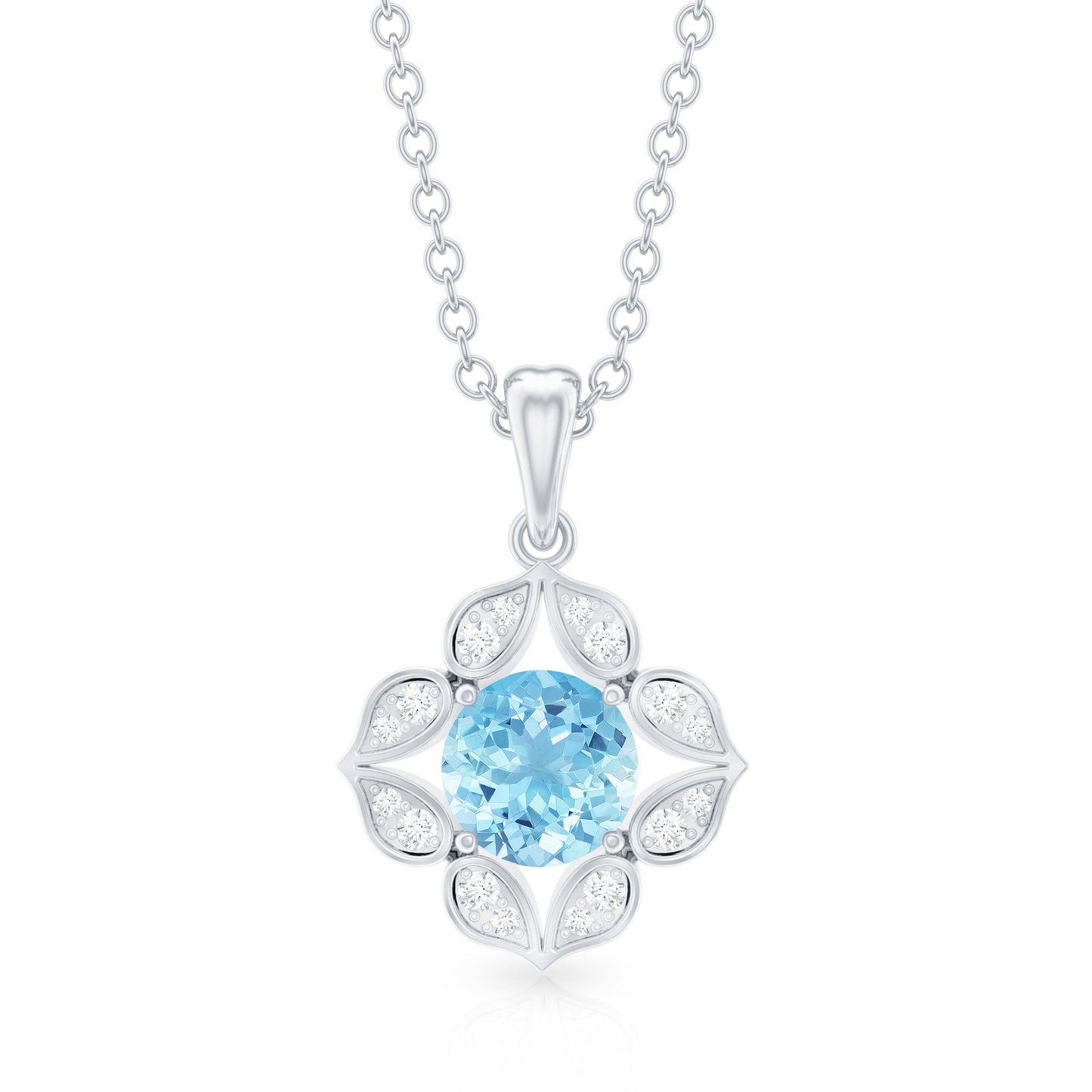 Natural Aquamarine Flower Pendant Necklace with Diamond