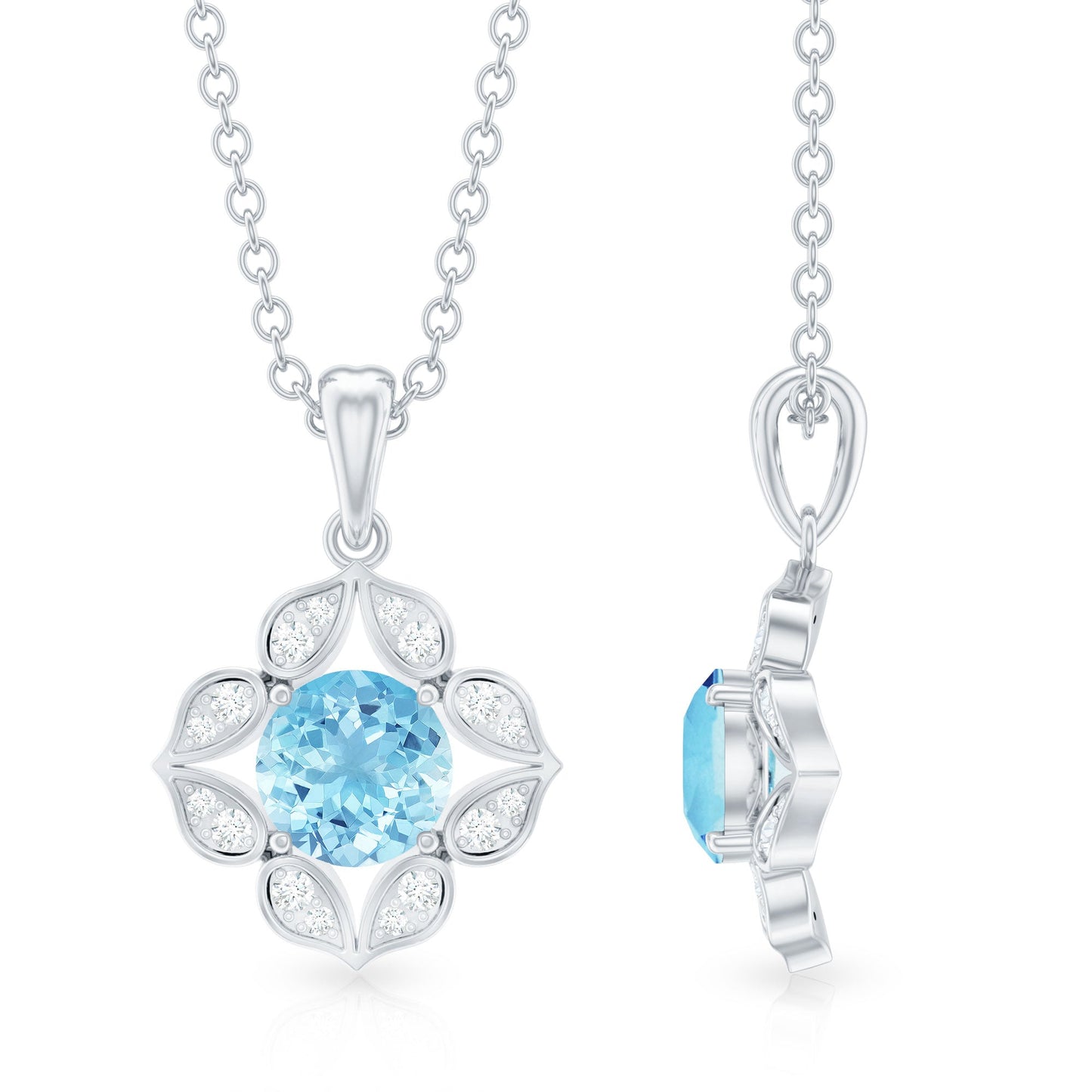 Natural Aquamarine Flower Pendant Necklace with Diamond