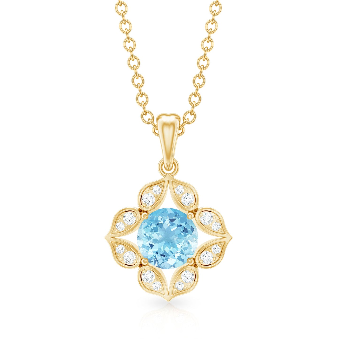 Natural Aquamarine Flower Pendant Necklace with Diamond
