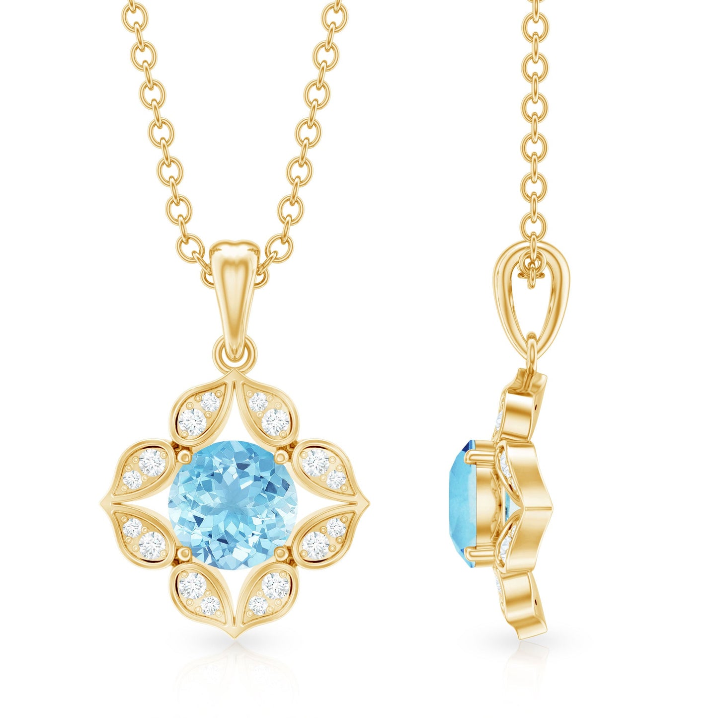 Natural Aquamarine Flower Pendant Necklace with Diamond