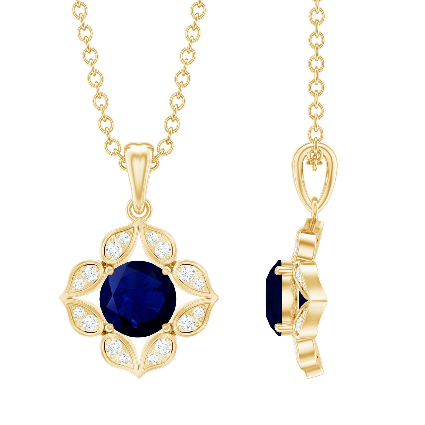 Genuine Blue Sapphire Flower Pendant Necklace with Diamond