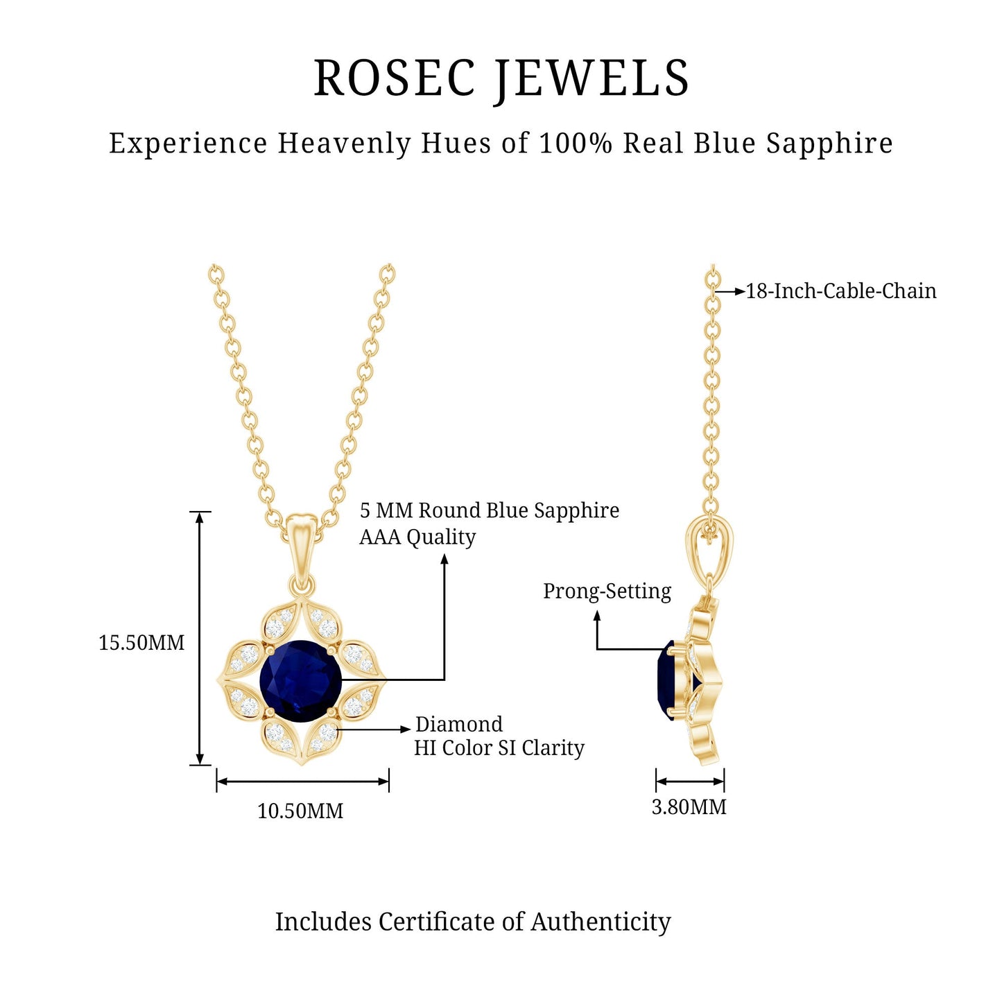 Genuine Blue Sapphire Flower Pendant Necklace with Diamond