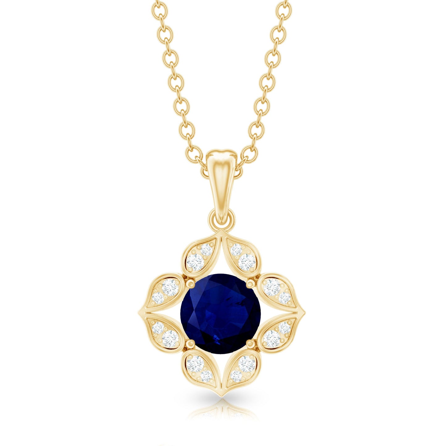 Genuine Blue Sapphire Flower Pendant Necklace with Diamond