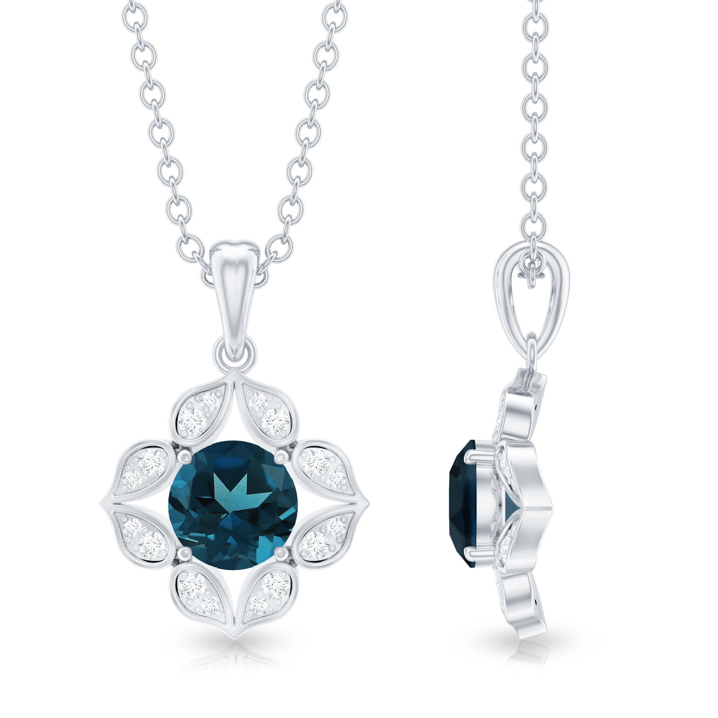 Antique Style London Blue Topaz and Diamond Flower Pendant