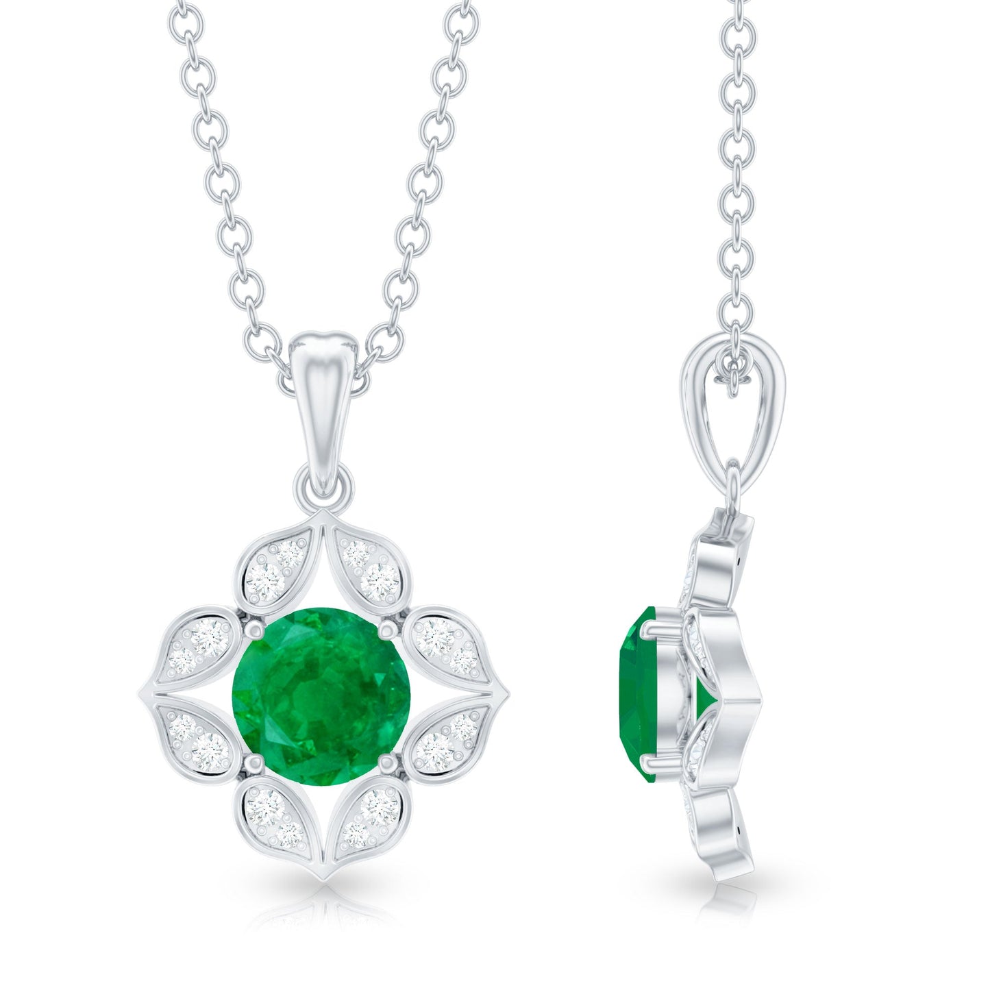 Nature Inspired Emerald Flower Pendant Necklace with Diamond