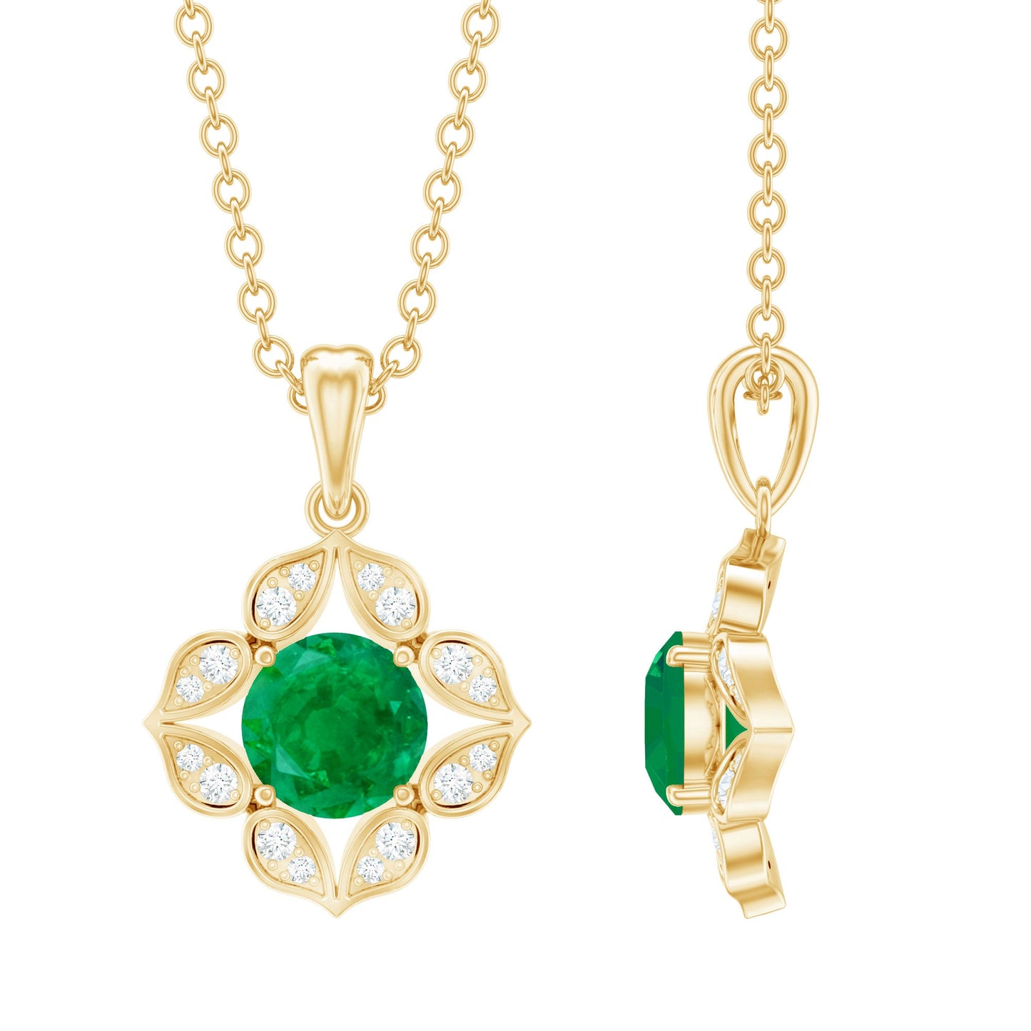 Nature Inspired Emerald Flower Pendant Necklace with Diamond