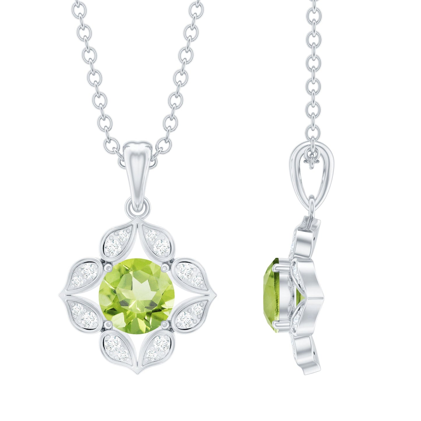 Antique Style Natural Peridot and Diamond Flower Pendant for Women