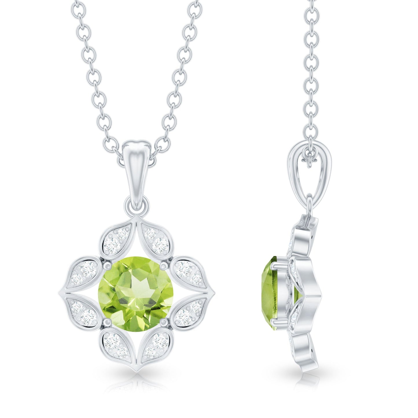 Antique Style Natural Peridot and Diamond Flower Pendant for Women