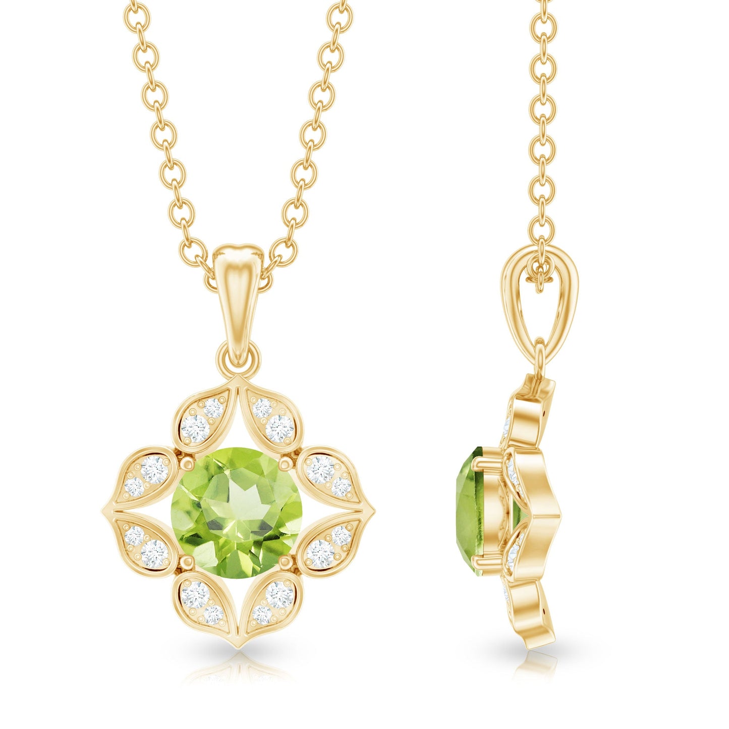 Antique Style Natural Peridot and Diamond Flower Pendant for Women