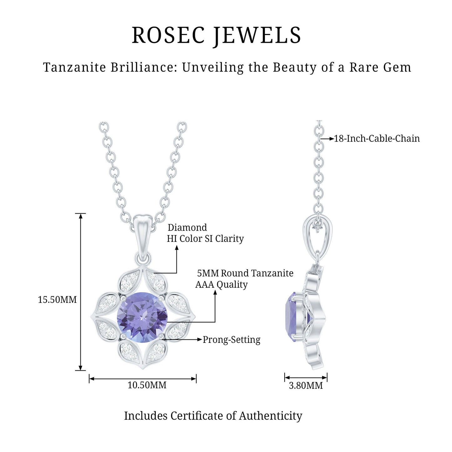 Natural 0.5 Carat Tanzanite Flower Pendant Necklace with Diamond