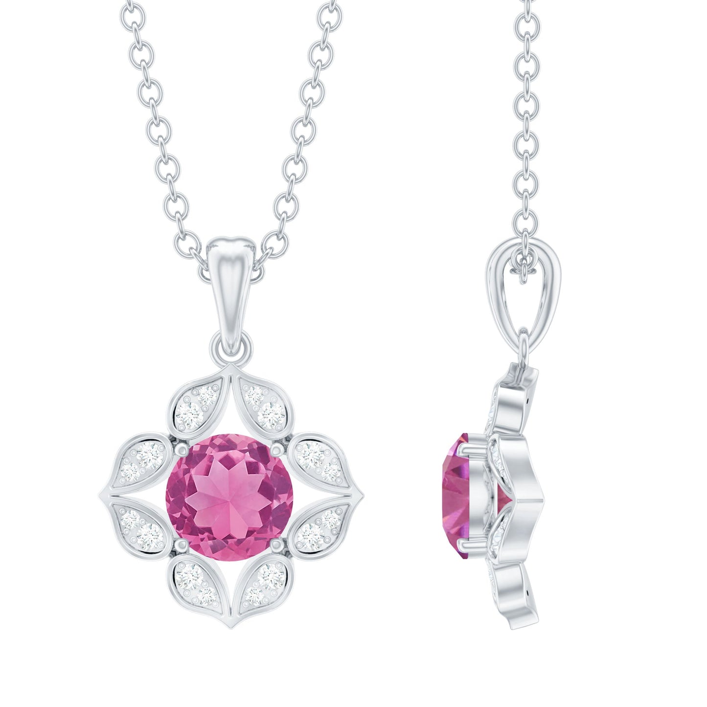 Antique Style Natural Pink Tourmaline Flower Pendant with Diamond