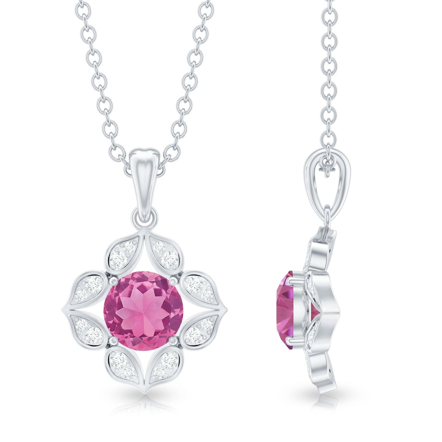 Antique Style Natural Pink Tourmaline Flower Pendant with Diamond