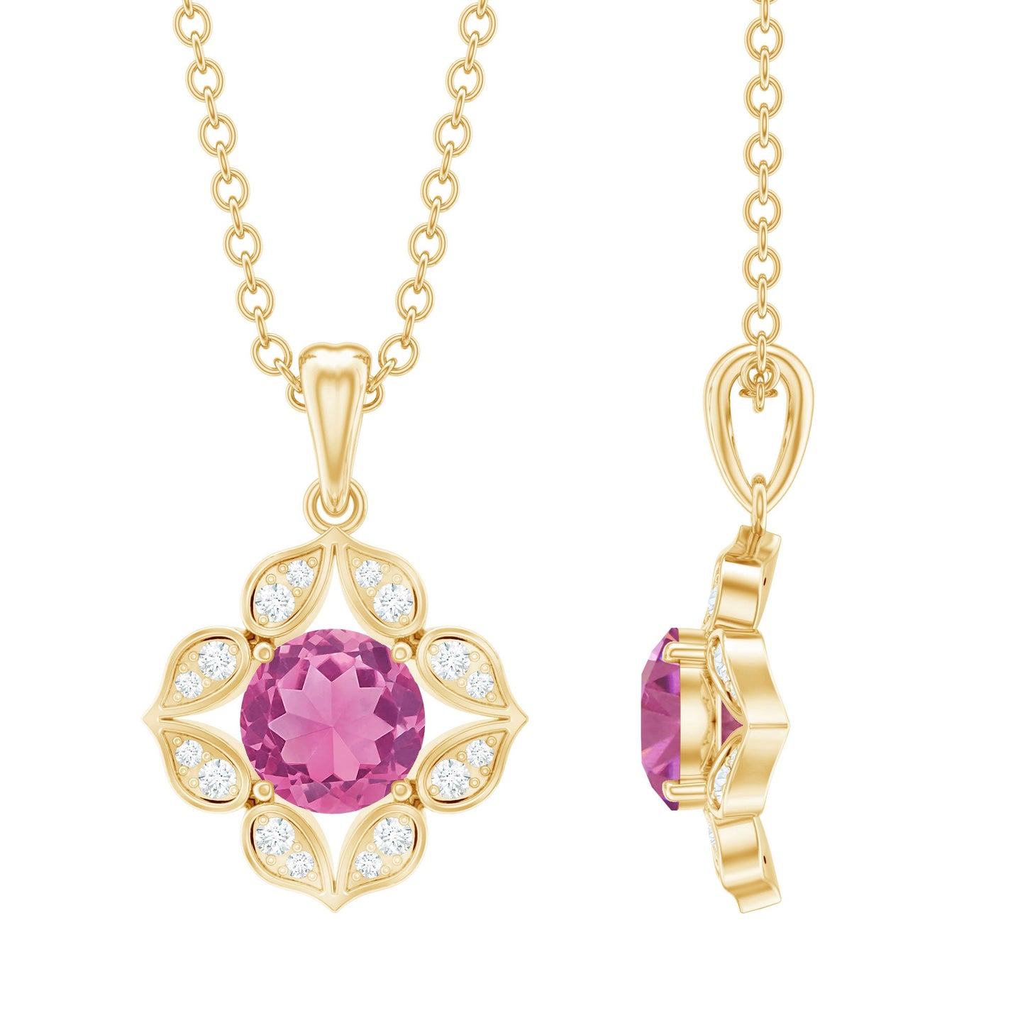 Antique Style Natural Pink Tourmaline Flower Pendant with Diamond