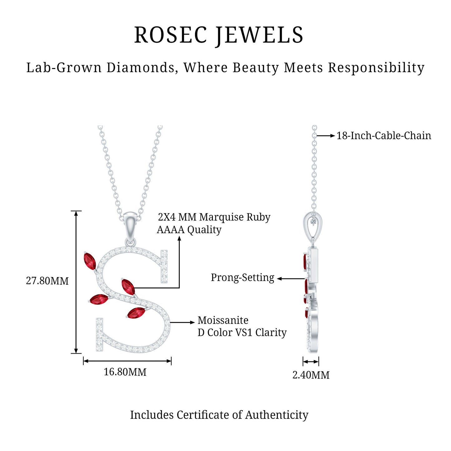 Lab Grown Ruby and Diamond Necklace with Letter S
