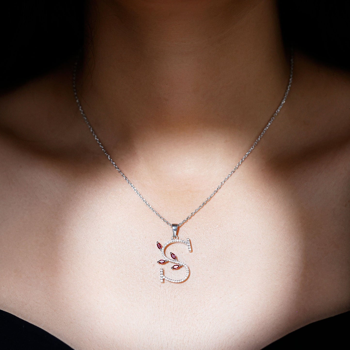 Lab Grown Ruby and Diamond Necklace with Letter S