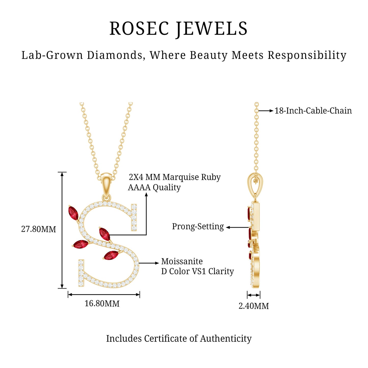 Lab Grown Ruby and Diamond Necklace with Letter S