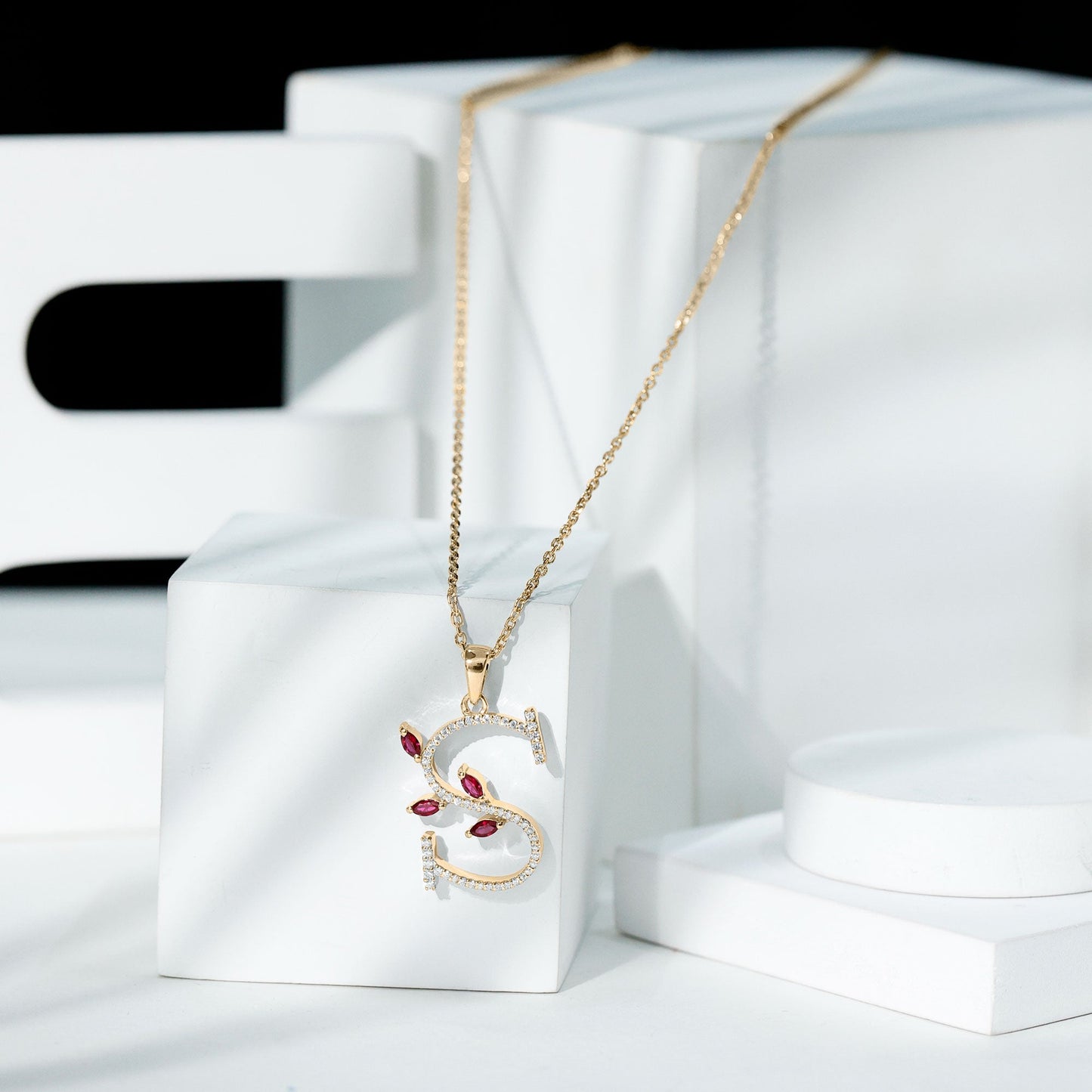 Lab Grown Ruby and Diamond Necklace with Letter S