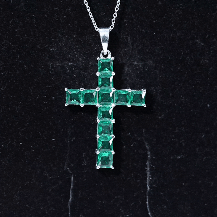 Princess Cut Lab Created Emerald Cross Pendant Necklace