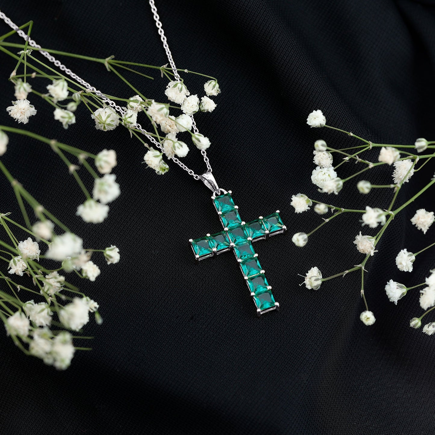 Princess Cut Lab Created Emerald Cross Pendant Necklace