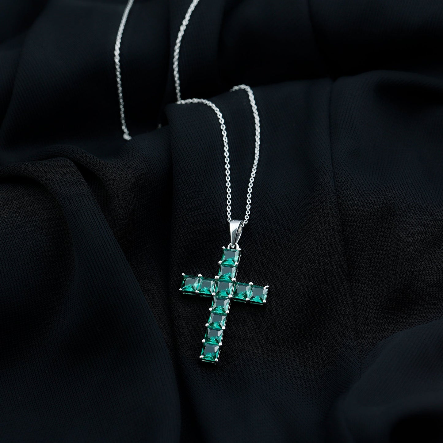 Princess Cut Lab Created Emerald Cross Pendant Necklace
