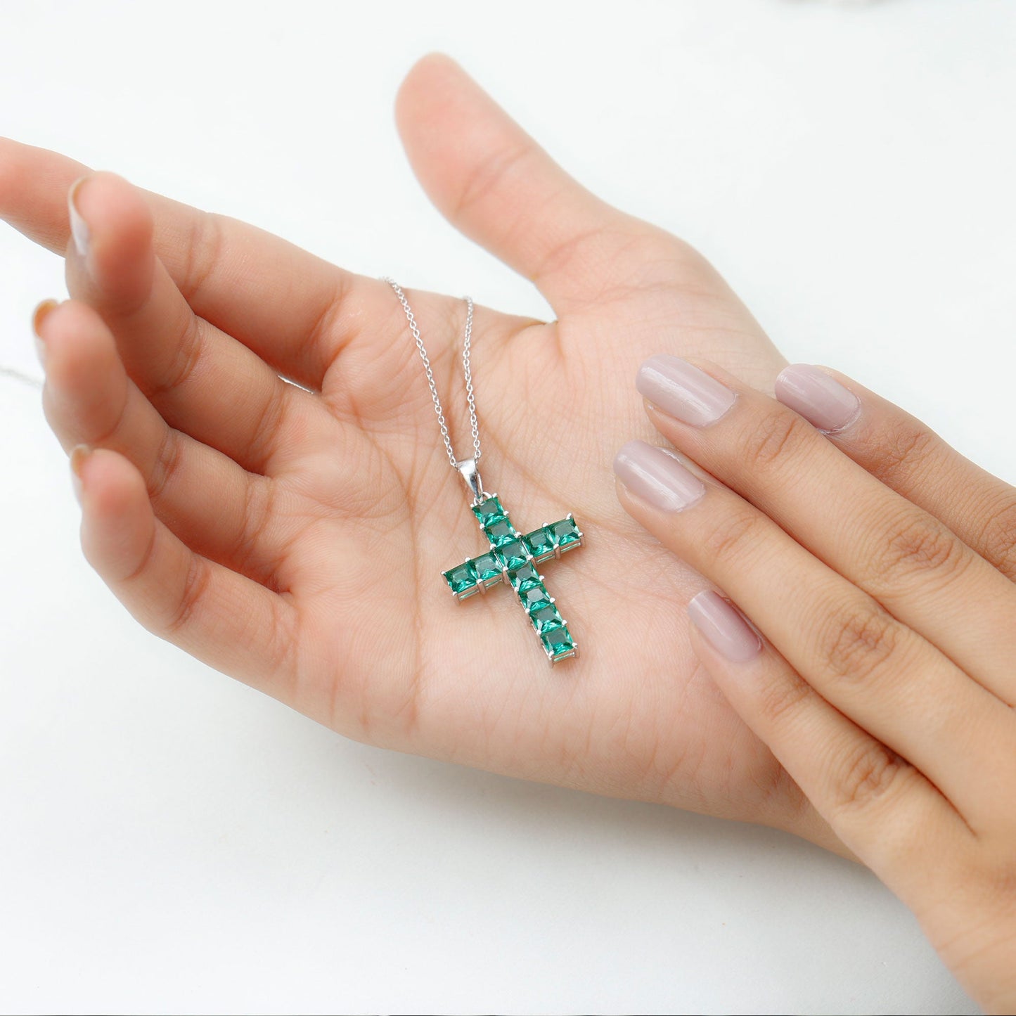 Princess Cut Lab Created Emerald Cross Pendant Necklace