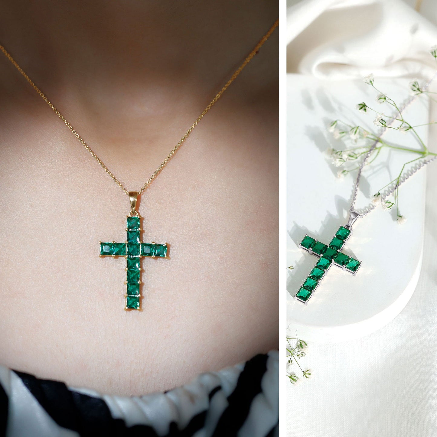 Princess Cut Lab Created Emerald Cross Pendant Necklace