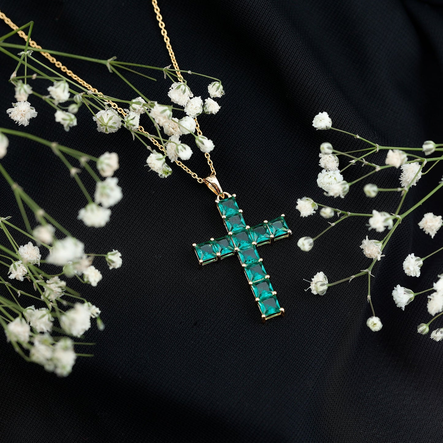 Princess Cut Lab Created Emerald Cross Pendant Necklace