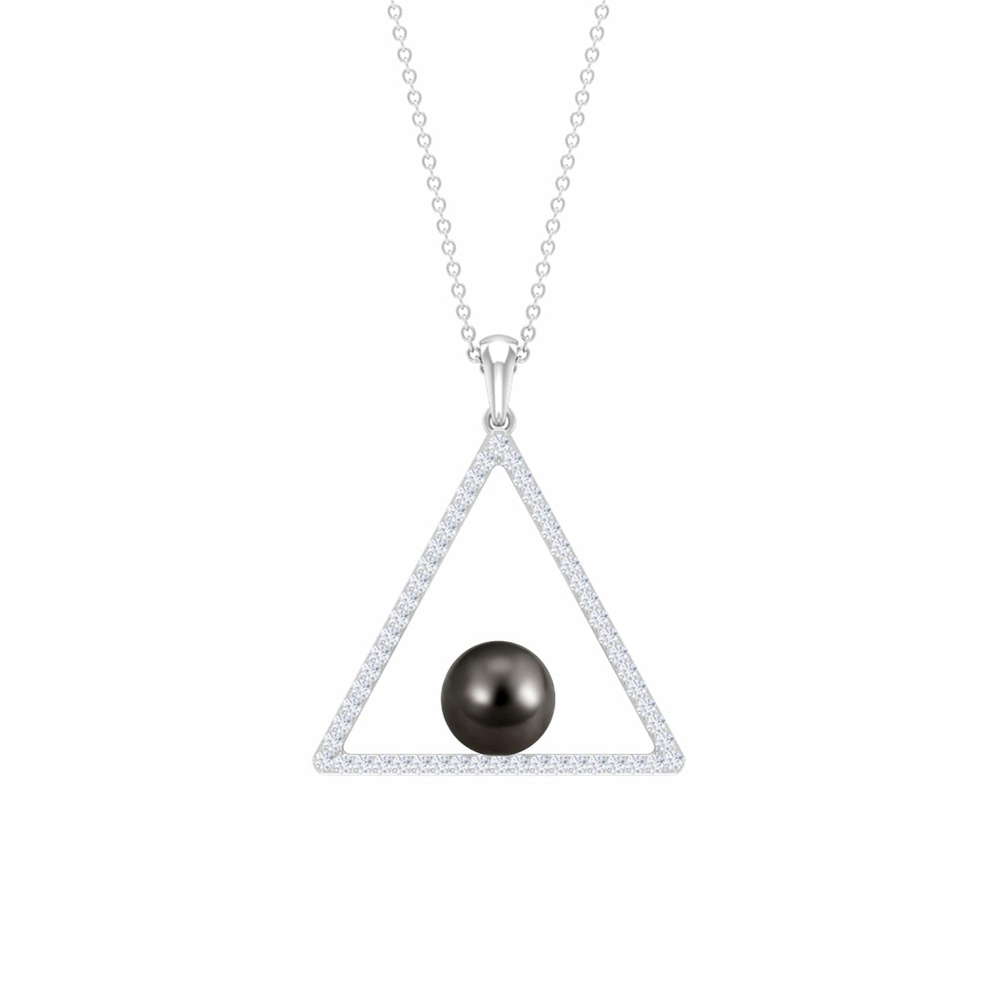 Diamond Open Triangle Pendant Necklace with Black Tahitian Pearl