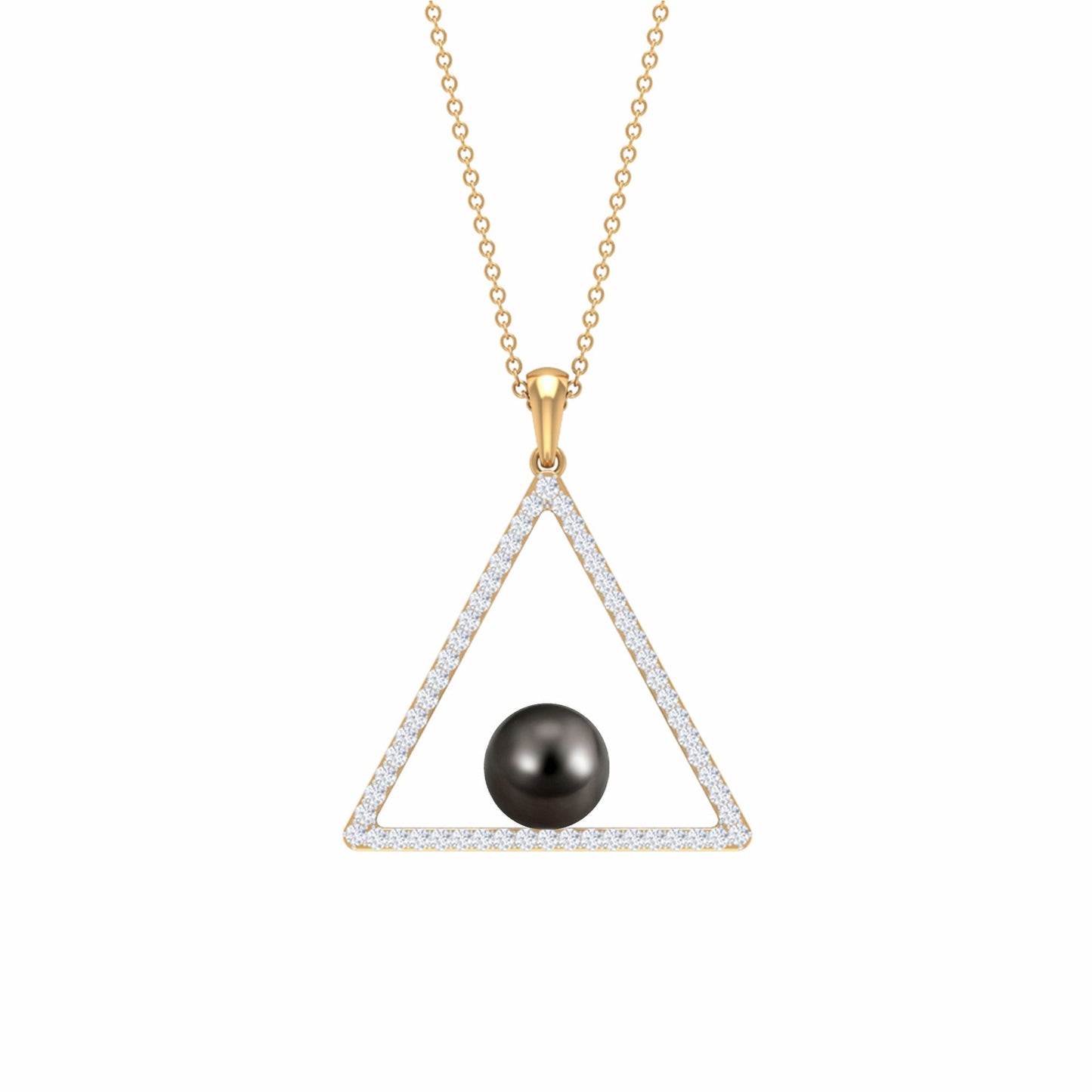 Diamond Open Triangle Pendant Necklace with Black Tahitian Pearl