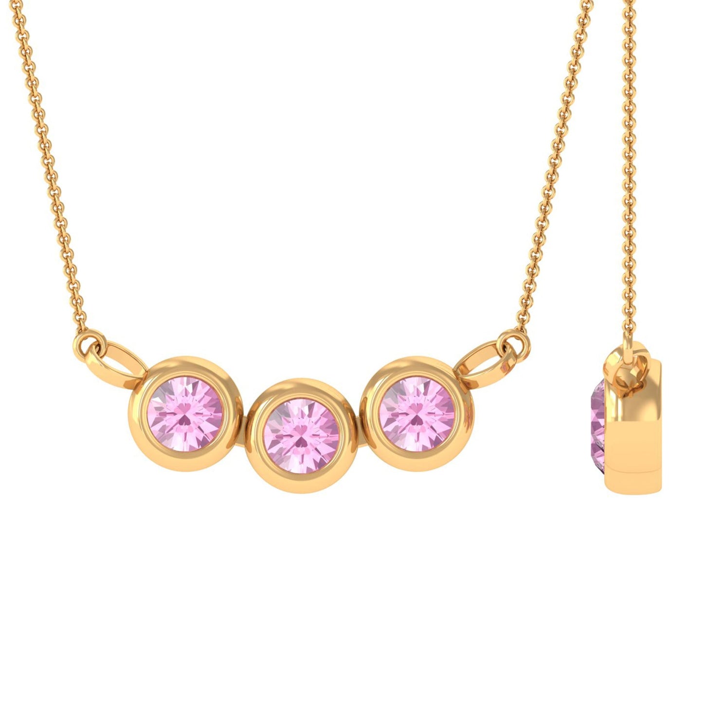 Bezel Set Pink Tourmaline Three Stone Promise Necklace