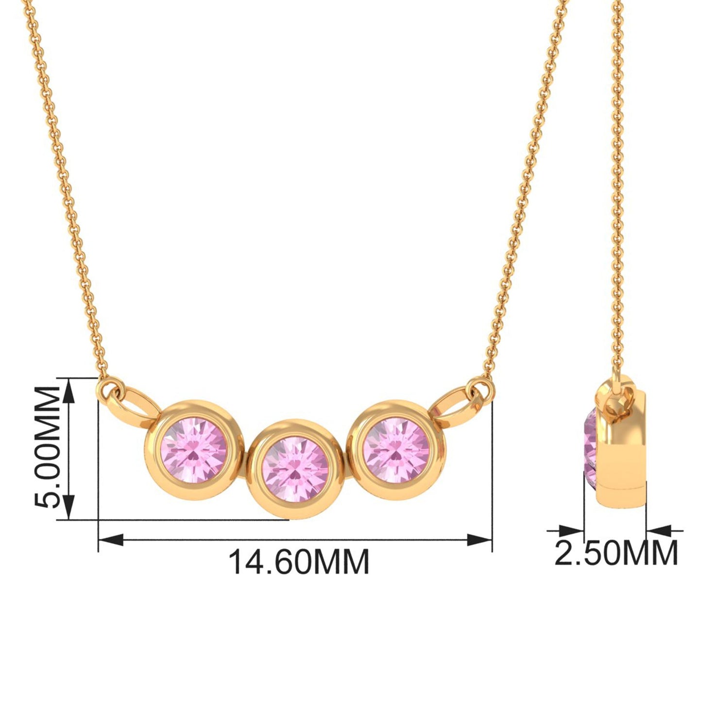 Bezel Set Pink Tourmaline Three Stone Promise Necklace