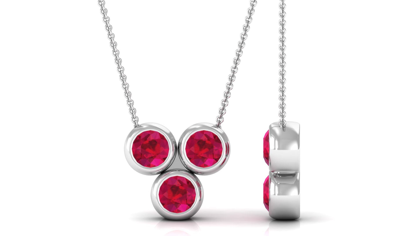 Bezel Set Ruby Three Stone Promise Necklace For Women